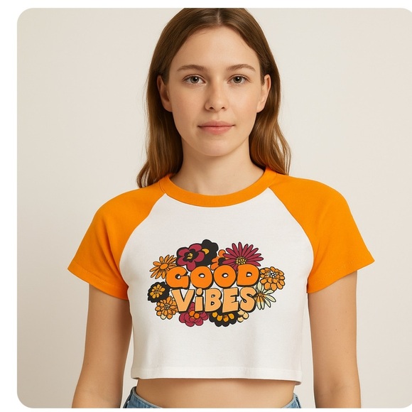 Orange Kiss brand orange & white ribbed 70's style cropped "good vibes" SZ SM - Picture 1 of 7